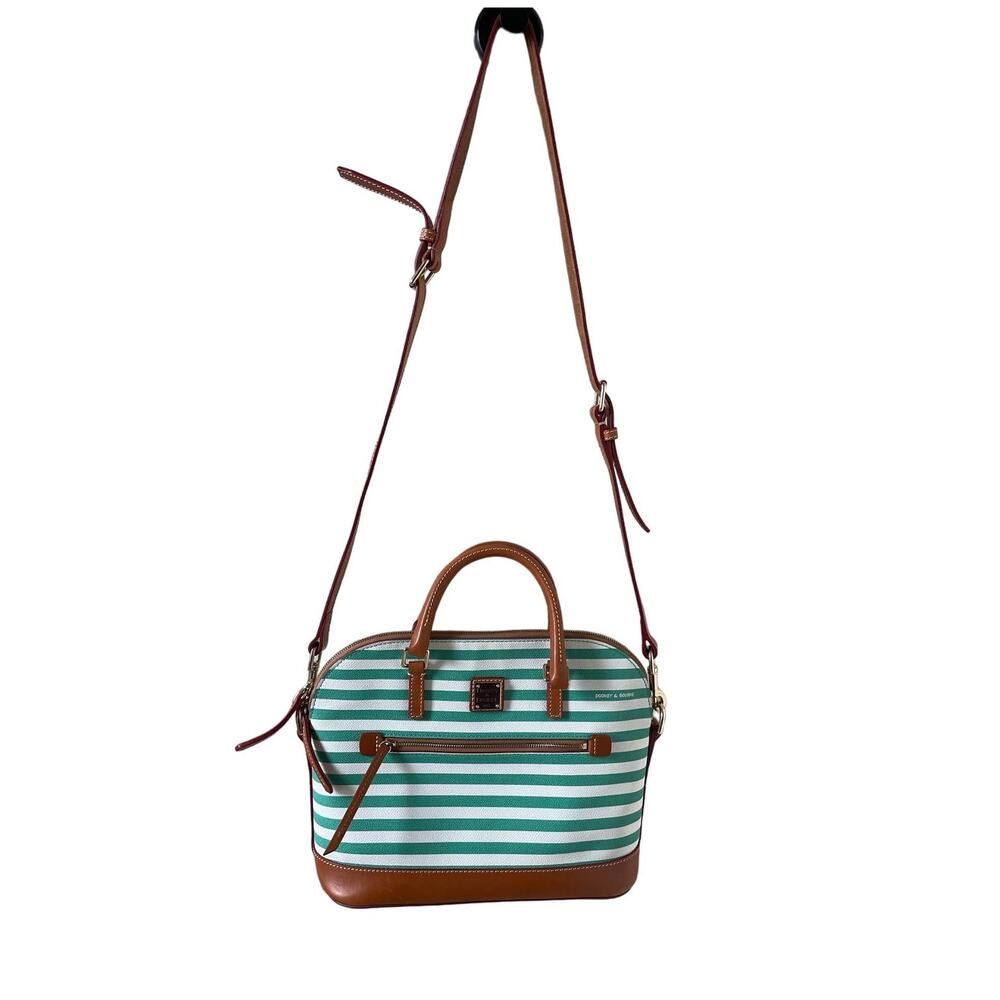 Dooney & Bourke Domed Zip Satchel Striped Seaview Covered Cotton Leather Trim